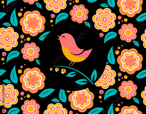 Flower invitation card  with bird singing and  seamless pattern