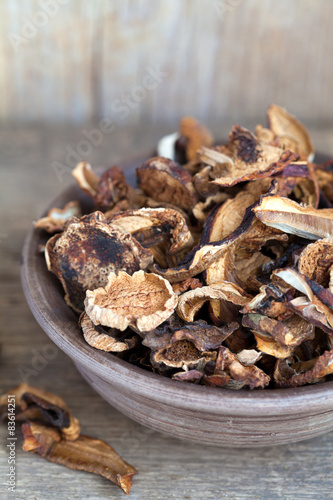 Mixed dried mushrooms (Porcini) in a bowl on the wooden table