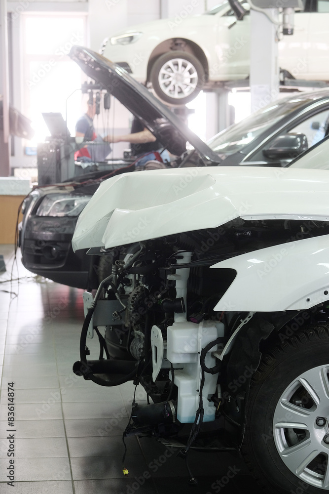 Fototapeta premium Cars in a dealer repair station in Moscow, Russia