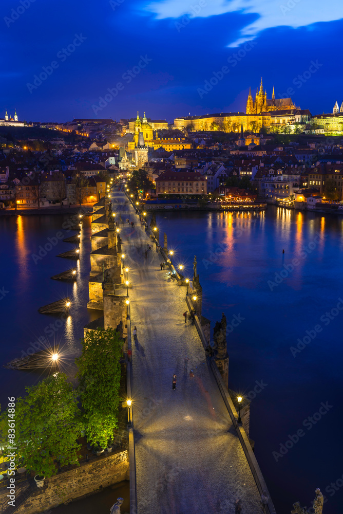 Charles Bridge, Prague Castle, Vltava river in Prague at night.