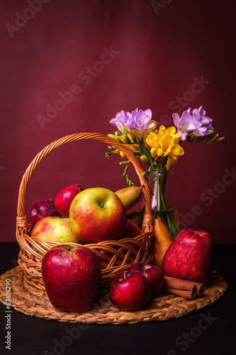 Fresh Red Apples, Fruit Basket and Spring Flowers