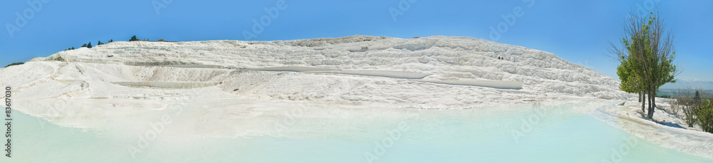 panoramic view of white travertine terraces in Pamukkale panoramic view of white travertine terraces in Pamukkale
