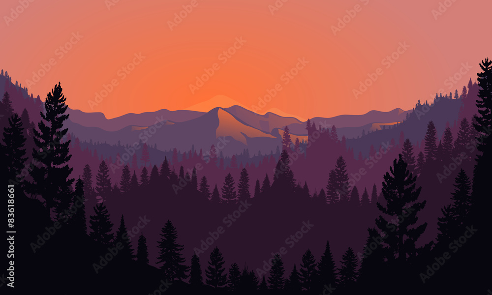 Naklejka Sceneria Forest Mountain Range o zachodzie słońca
