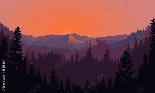Forest Mountain Range Scenery at Sunset