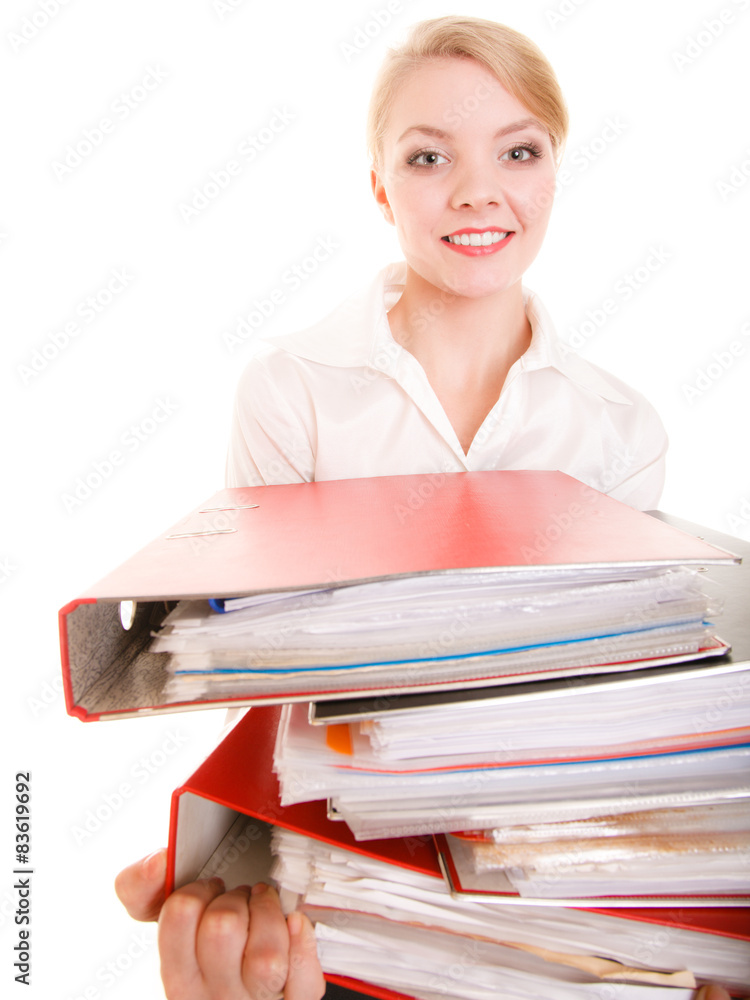 Business woman holding stack of folders documents Business woman holding stack of folders documents