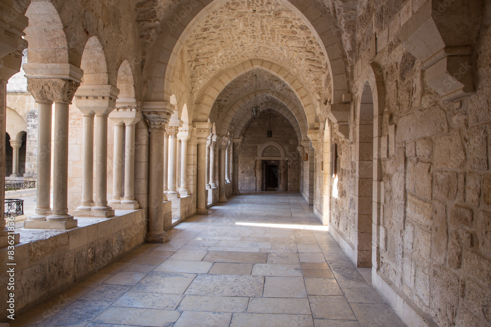 Bethlehem - gothic corridor of atrium at St. Catharine church.
