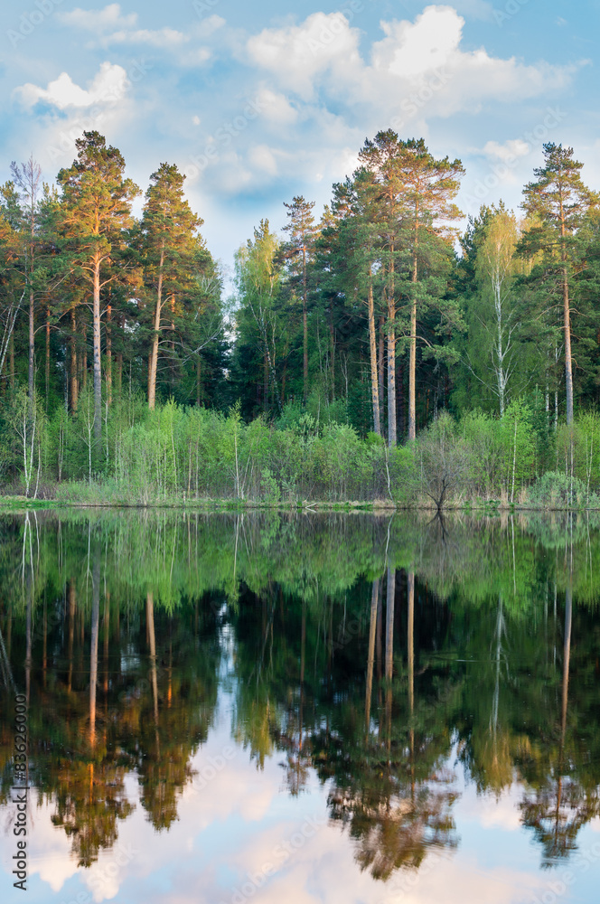 вечернее озеро с отражением леса в воде, Россия, Урал