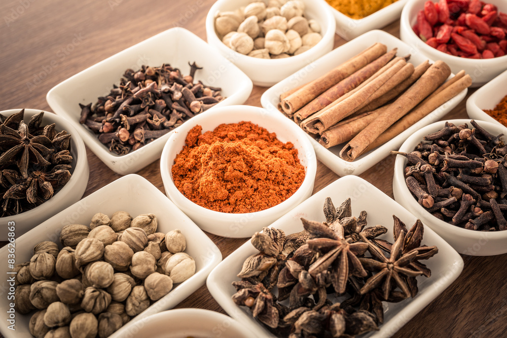 Wooden table of colorful spices