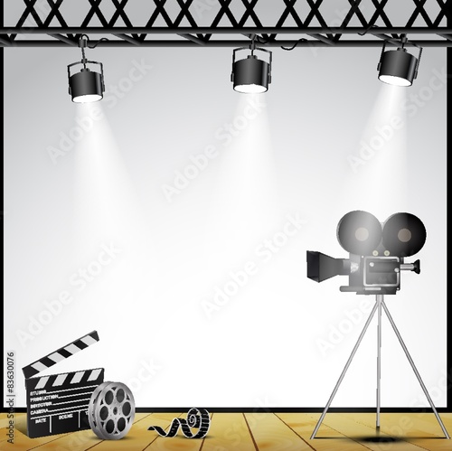 A vintage theater spotlight on a white background on the stage
