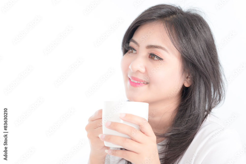 beautiful young woman hold cup of coffee lying think relaxing on beautiful young woman hold cup of coffee lying think relaxing on