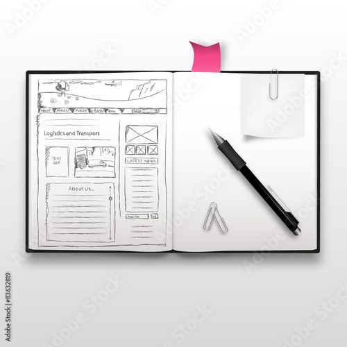 Website sketch on notebook, realistic illustration.