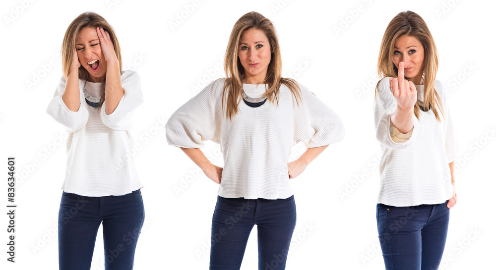 frustrated woman over white background