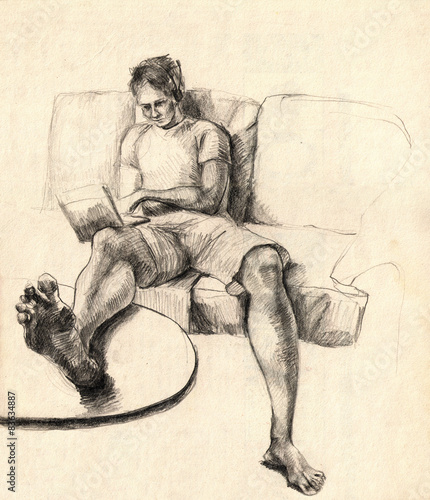 Hand drawn illustration of an adolescent sitting on the coach photo