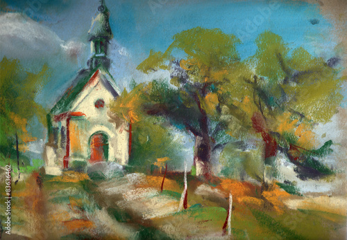 Sof pastel drawing of a little chapel and trees