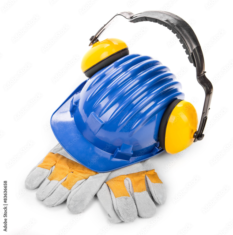 Hard hat ear muffs and gloves.