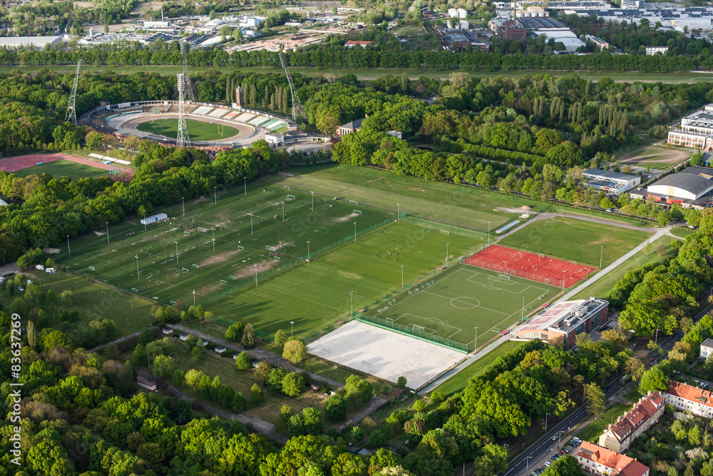 Aerial view of a football ground in Wroclaw city