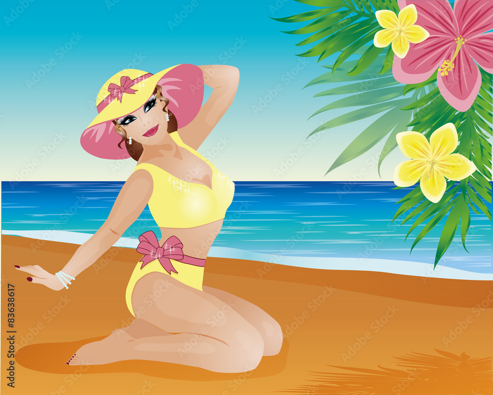 Pin up summer sexy girl and palm flowers, vector illustration