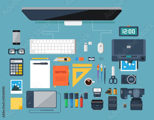 Creative designer workplace. Top view.