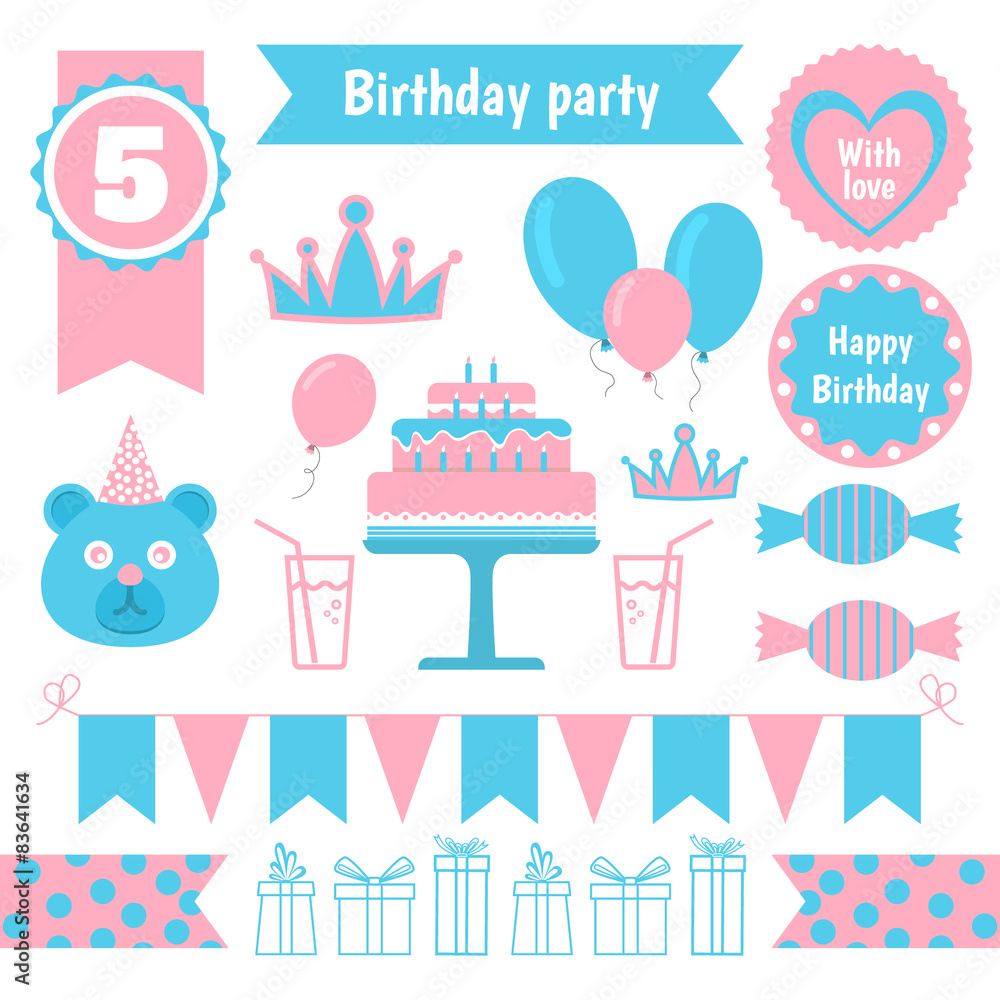 set of festive birthday party elements. Flat design. set of festive birthday party elements. Flat design.
