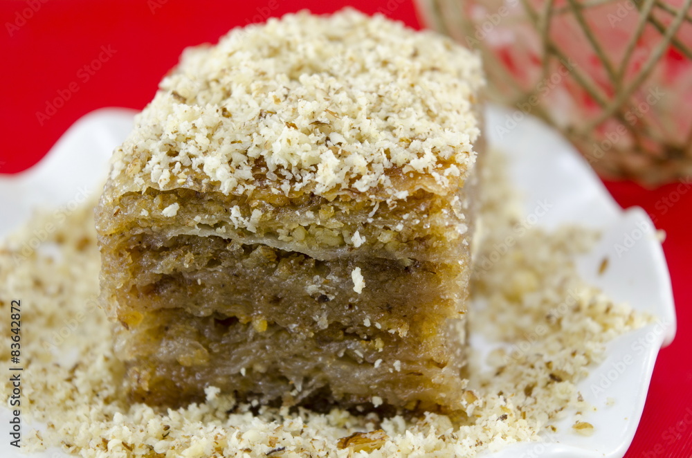 Baklava with grated walnuts on a plate