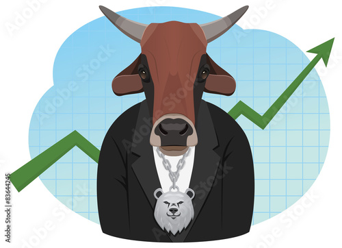 Bull businessman with a bear pendant. Bull market.