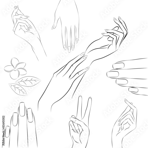 Set of hands in various gestures, manicure and beauty concept