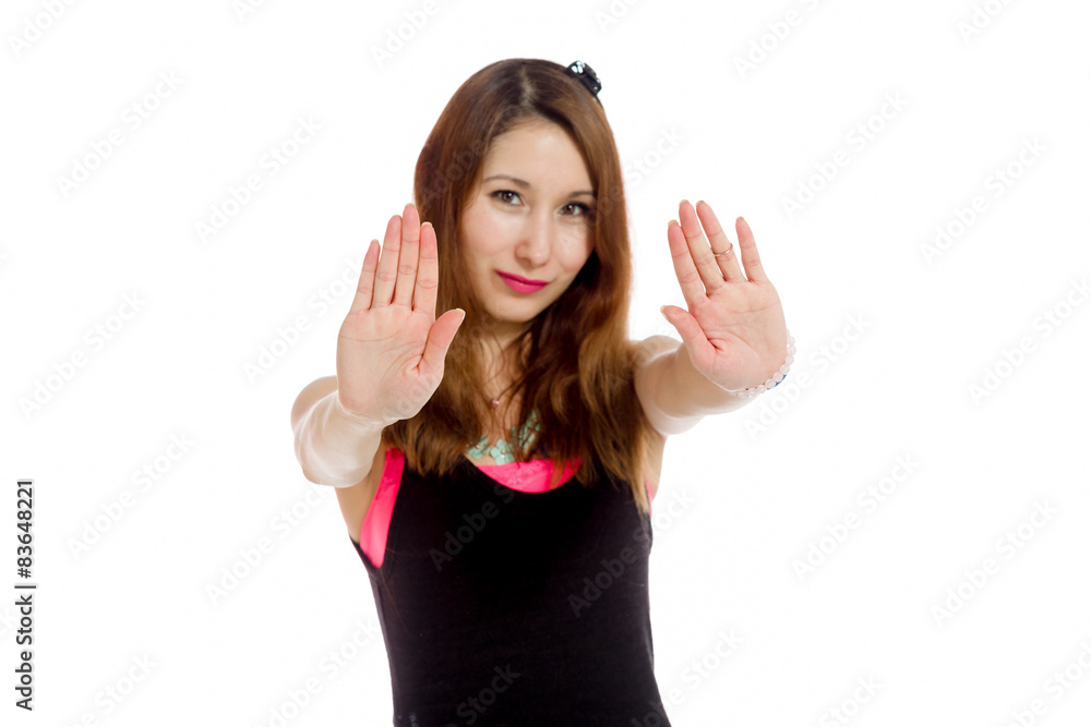 Model isolated stop sign with hand Model isolated stop sign with hand