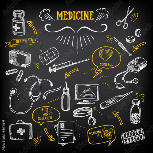 Medical icons, sketch design. Healthcare drawing chalkboard.