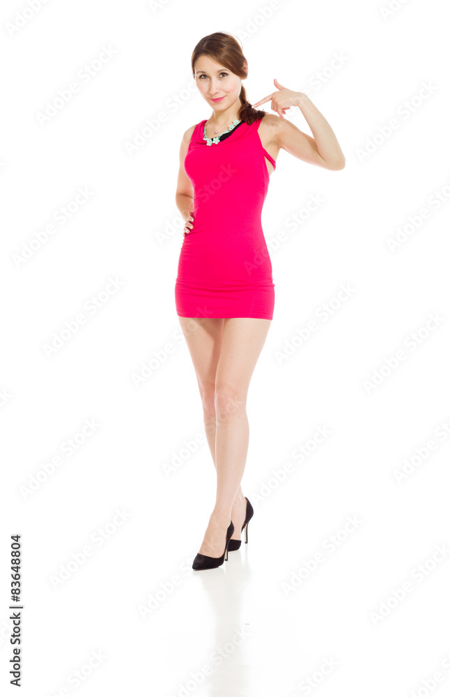 Model isolated pointing to herself Model isolated pointing to herself