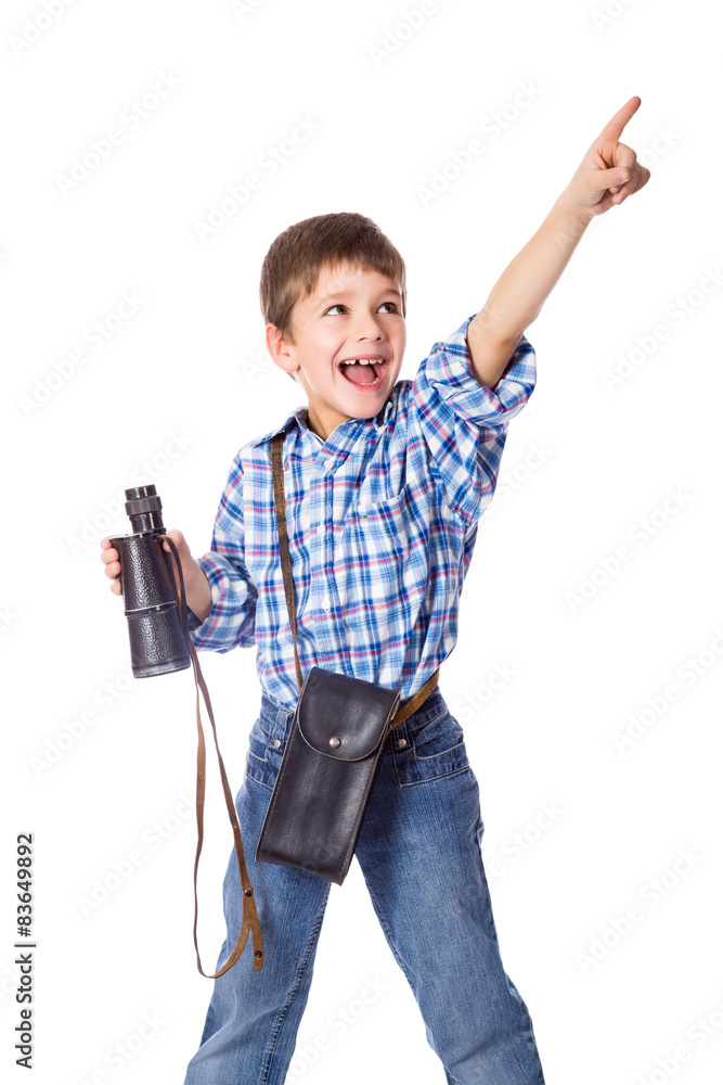 Boy standing with spyglass and pointing Boy standing with spyglass and pointing