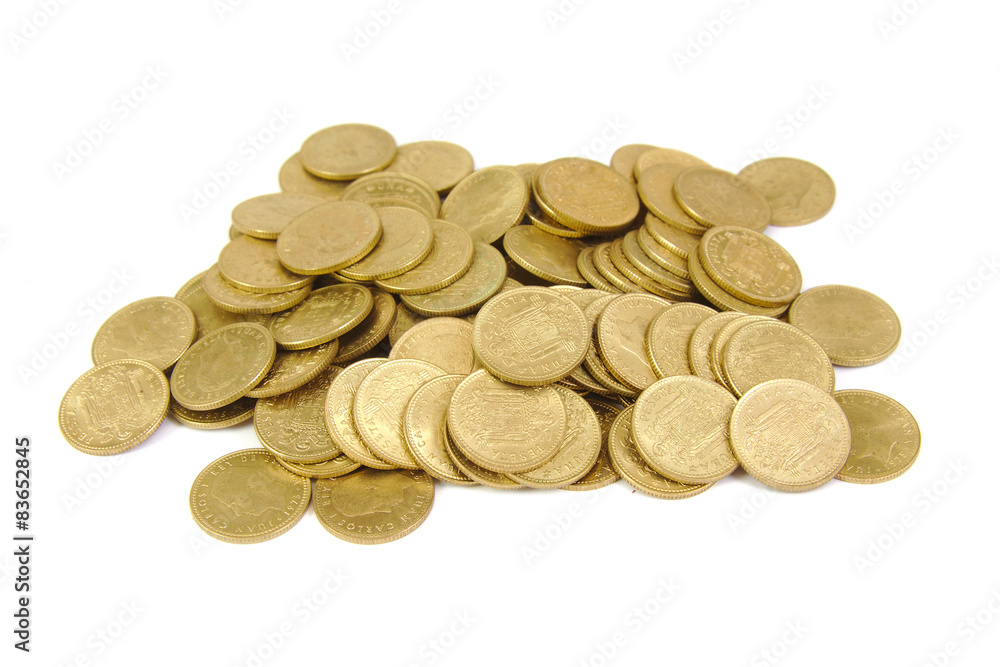 Bunch of old Spanish coins isolated on a white background. One Bunch of old Spanish coins isolated on a white background. One