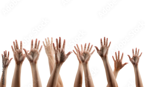 Many people's hands up isolated on white background. 