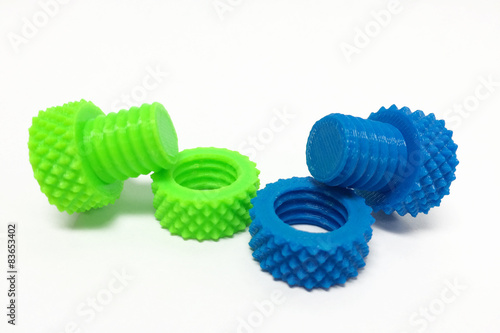 Pair Plastic Screw Nuts and Bolts by 3D Printer on White