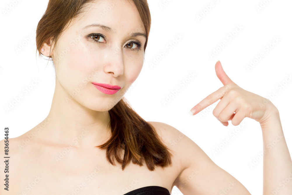 Model isolated pointing to herself Model isolated pointing to herself