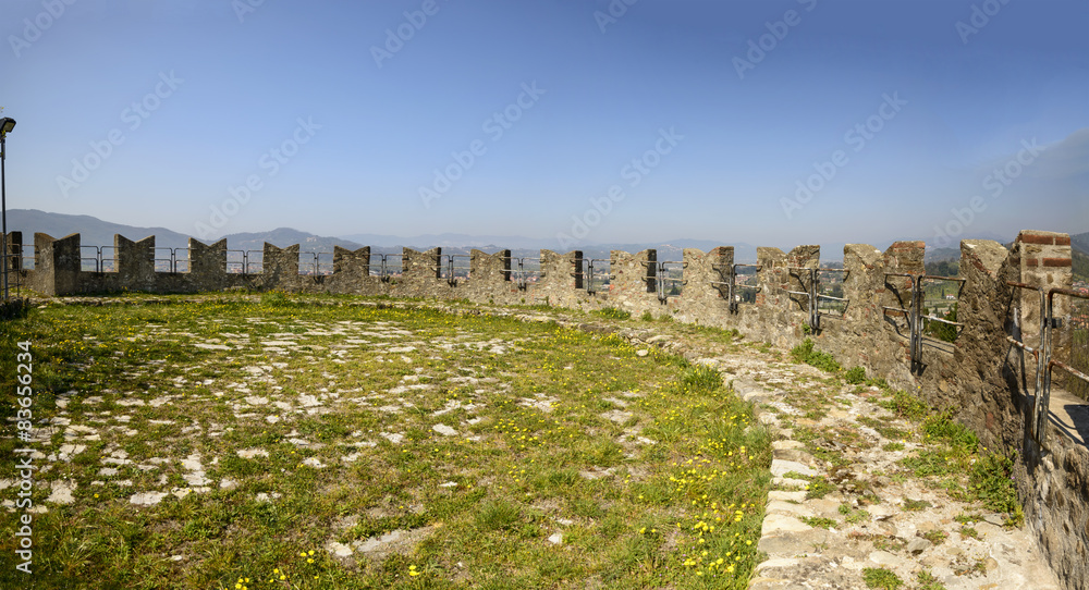 merlons and grass over ramparts at Sarzanello fortress, Sarzana