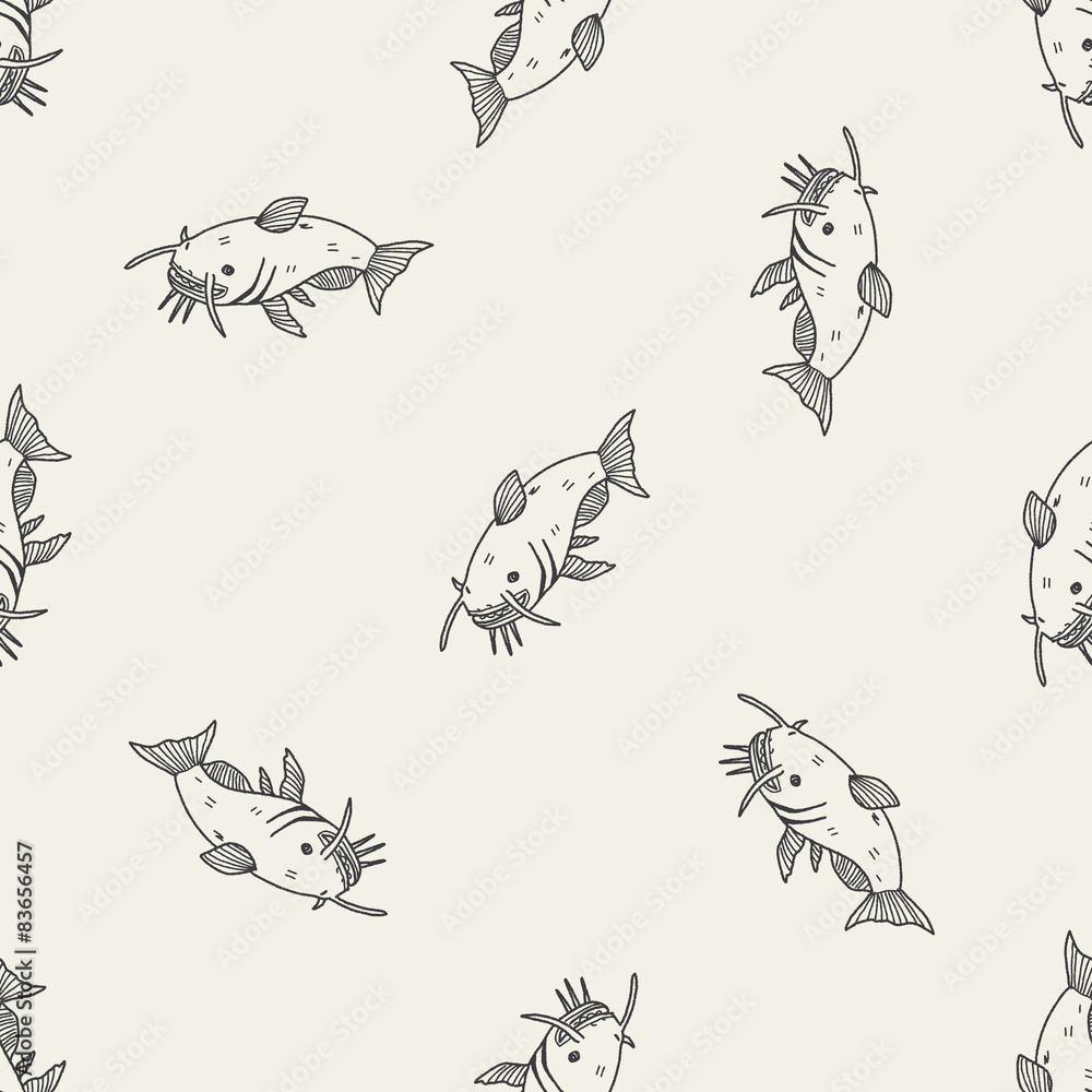 Naklejka premium Catfish doodle seamless pattern background