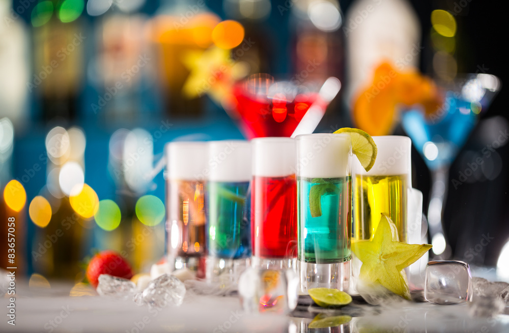 Variation of hard alcoholic shots on bar counter Variation of hard alcoholic shots on bar counter
