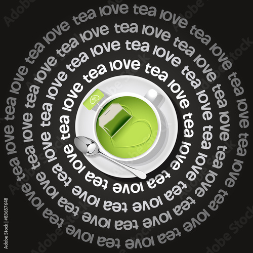 a cup of  heart in gree tea with tea bag