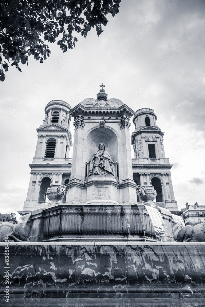 Fountain and facade of Saint-Sulpice, Paris