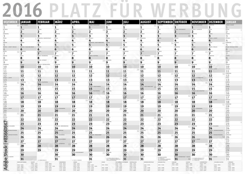 Kalender 2016 (Dezember 2015 bis Januar 2017) mit Ferien