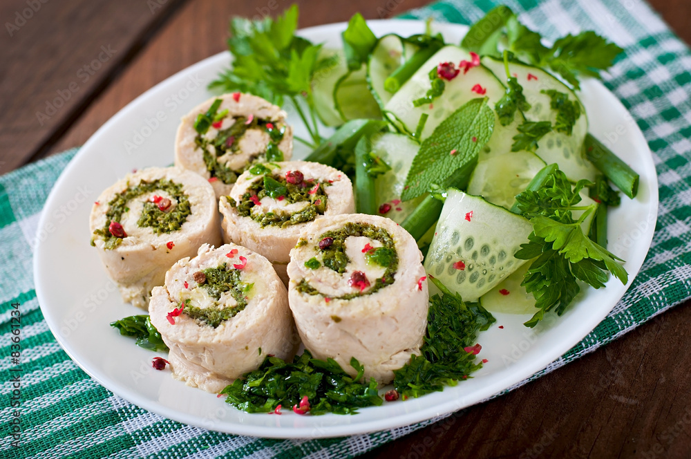 Steamed chicken rolls with greens and fresh vegetable salad Steamed chicken rolls with greens and fresh vegetable salad