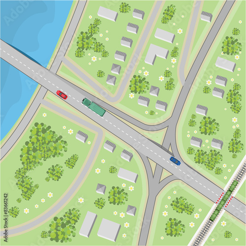 The map with driving directions. Top view