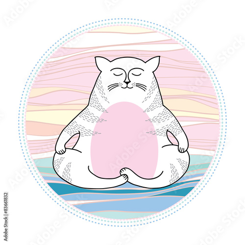 Funny cat in meditation. Series of comic cats
