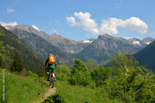 Radfahrer mit MTB auf Weg im Gebirge