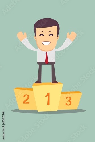 Businessman winner standing in first place on a podium