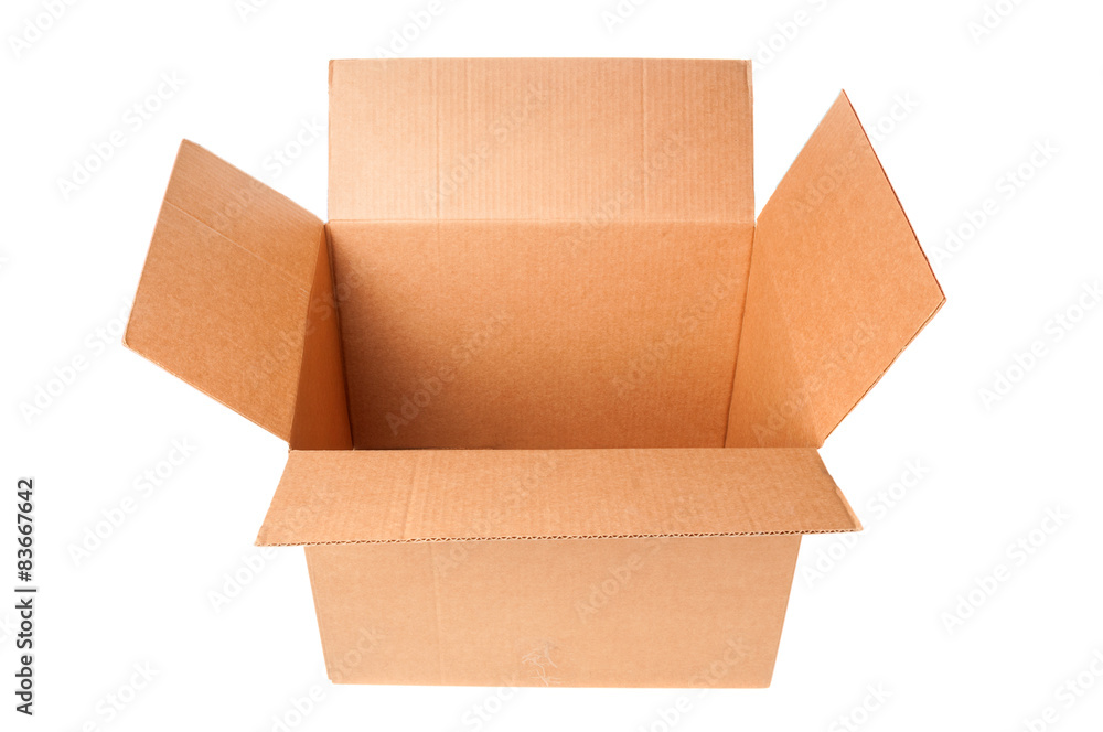 Open cardboard box closeup on white background