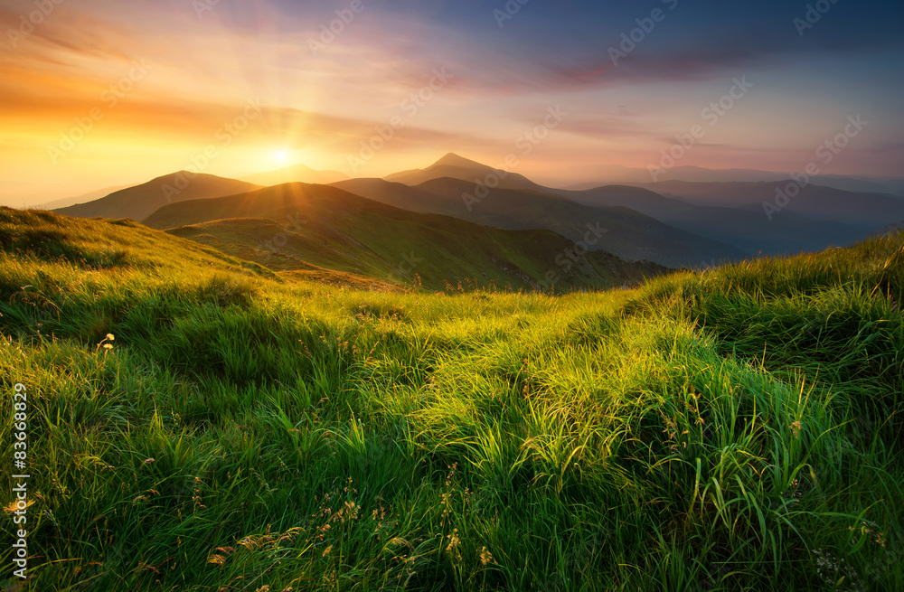 Naklejka premium Mountain valley during sunrise. Natural summer landscape