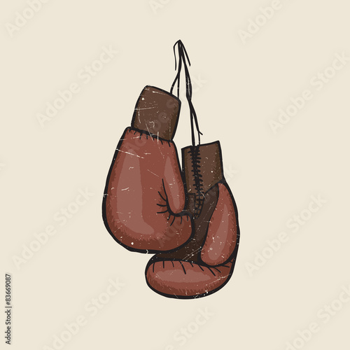 Illustration of hanging brown boxing gloves.