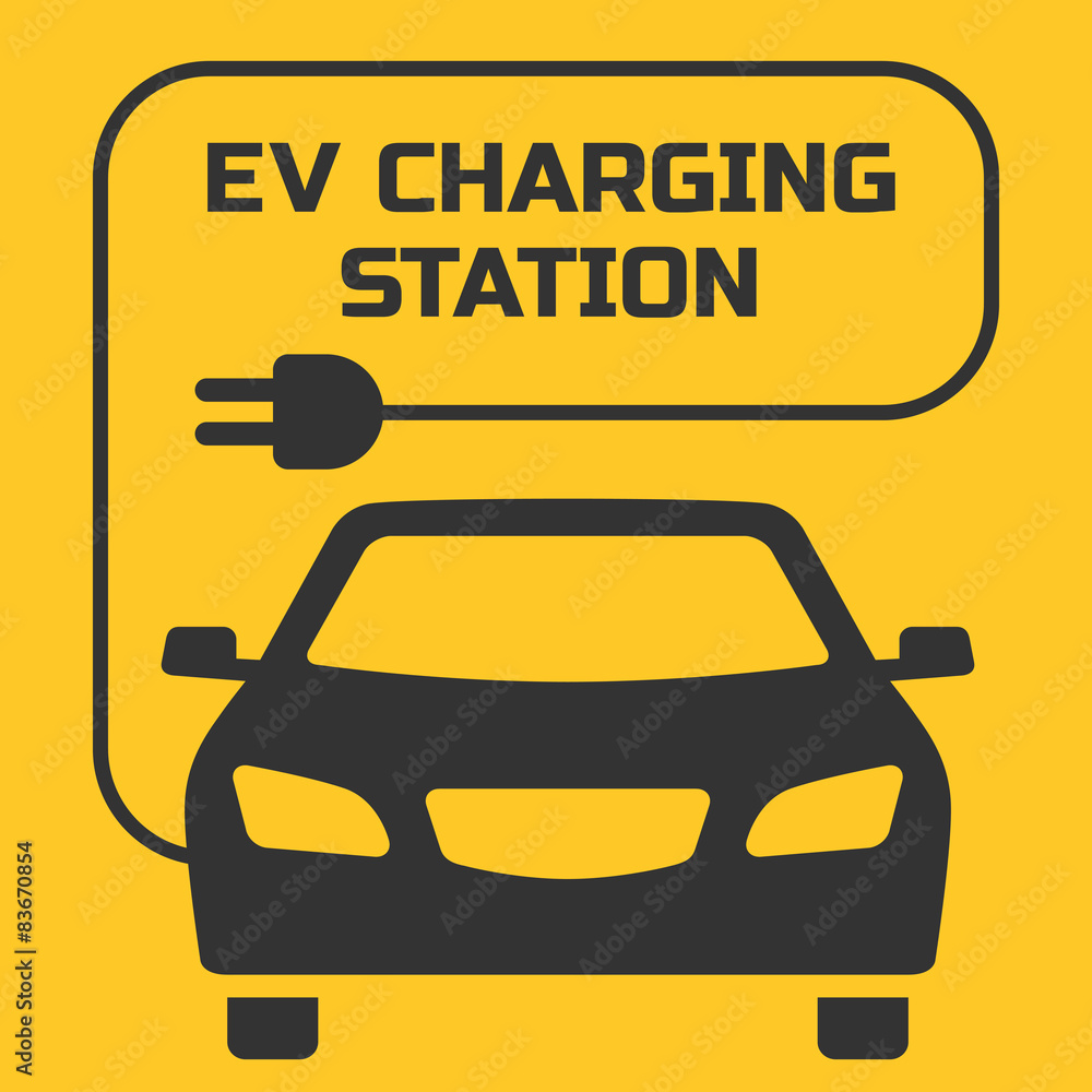 EV Charging Station signboard on a yellow background EV Charging Station signboard on a yellow background