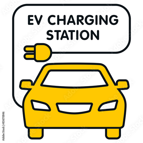 EV Charging Station signboard with the yellow car